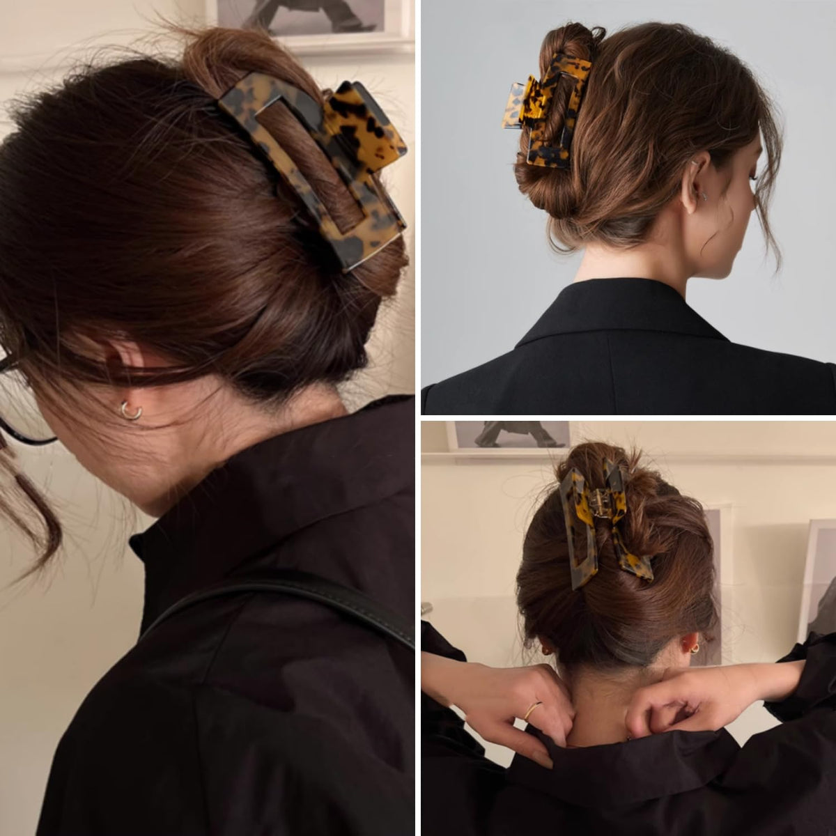 Textention in use securing a high bun for comfortable all-day wear