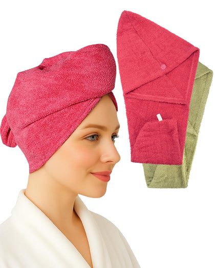 Textila front view of raspberry and green turban towels showing colors and soft look, gentle drying benefit