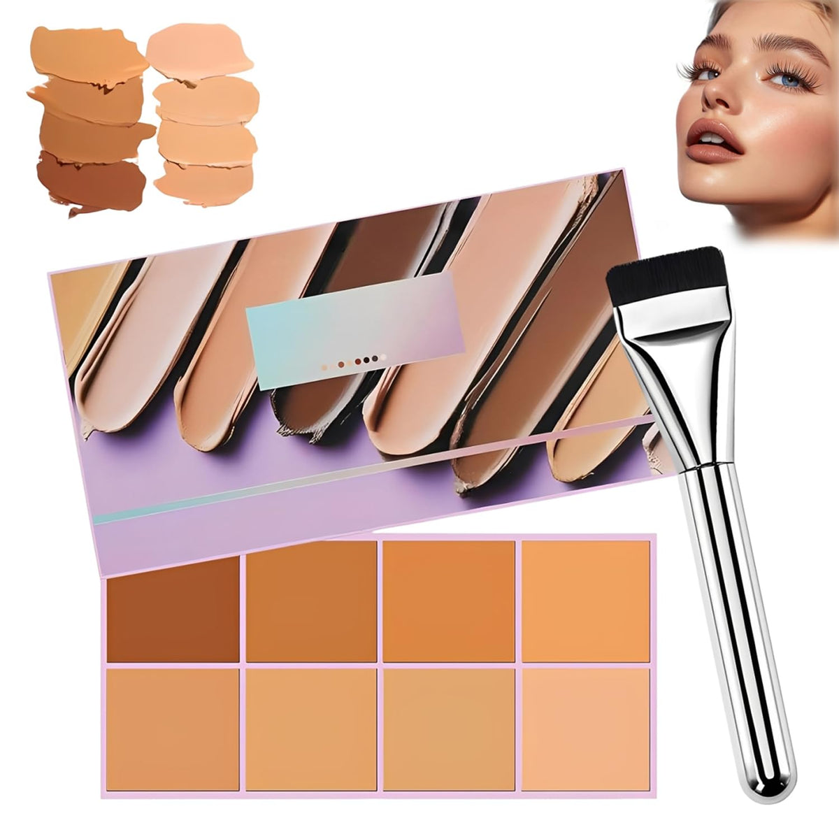 TFSUDI palette front open showing eight shades and applicator for versatile coverage