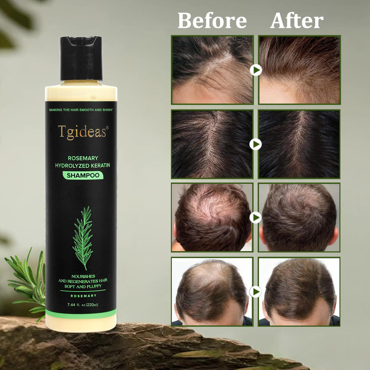 Tgideas bottle label close-up showing organic rosemary and keratin