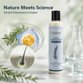 Tgideas rosemary and keratin ingredient display highlighting nourishing benefits