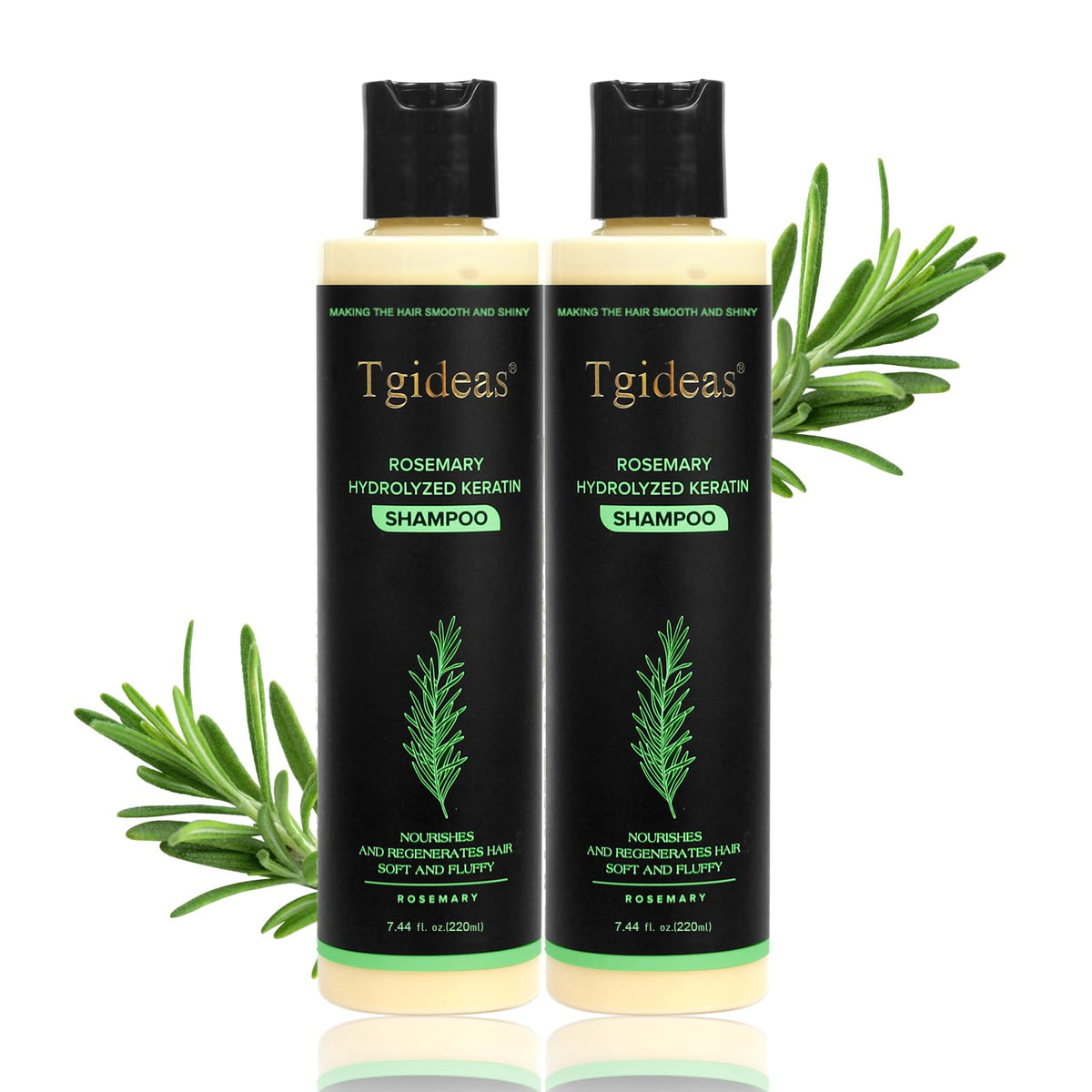 Tgideas front packaging showing rosemary shampoo and clear benefits