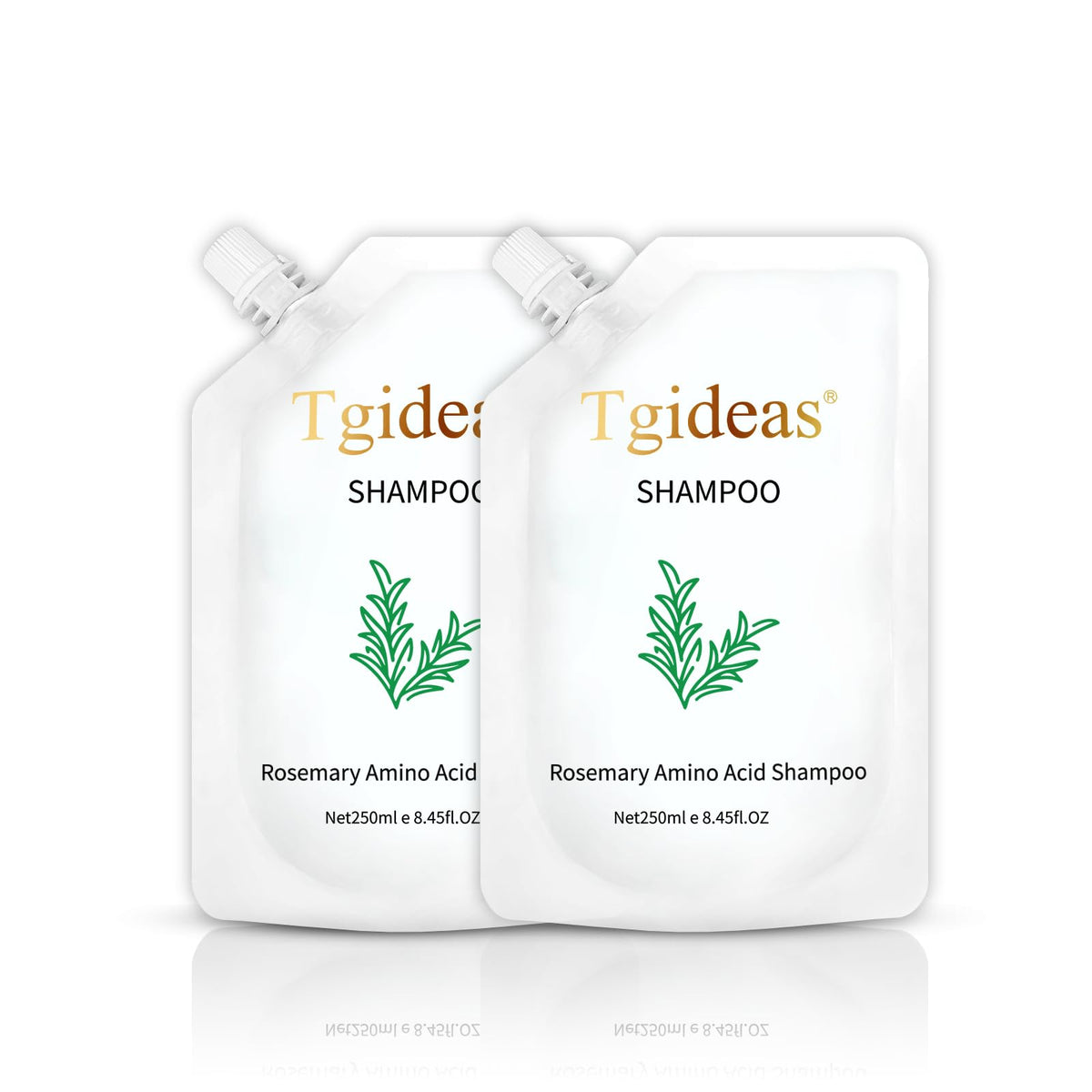 Tgideas shampoo front packaging showing bottles and branding, highlights natural care