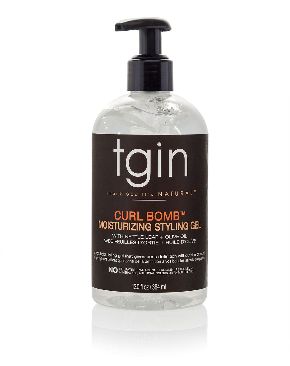 tgin Curl Bomb front pump bottle showing label and size for easy identification and convenience