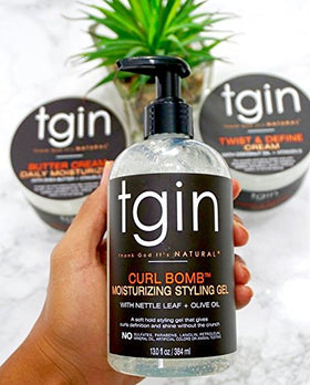 tgin Curl Bomb gel texture close-up highlighting lightweight smooth formula for flexible hold