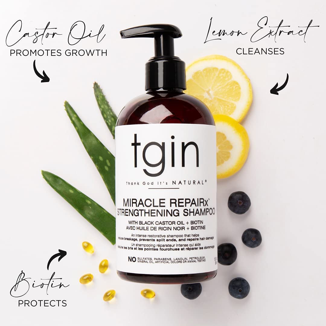 tgin bottles styled on bathroom shelf evoking natural hair care routine