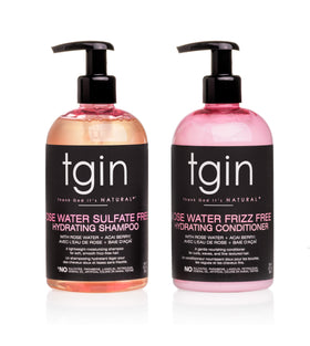 tgin front packaging of the rose water shampoo and conditioner duo shows matching bottles and benefits
