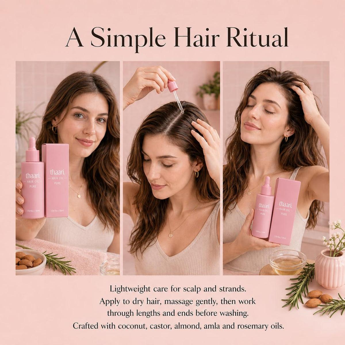 thaari on bathroom vanity in lifestyle scene, brand enhances daily hair-care routine