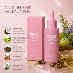 thaari oil texture close-up on hand, lightweight blend for smooth, nourished hair