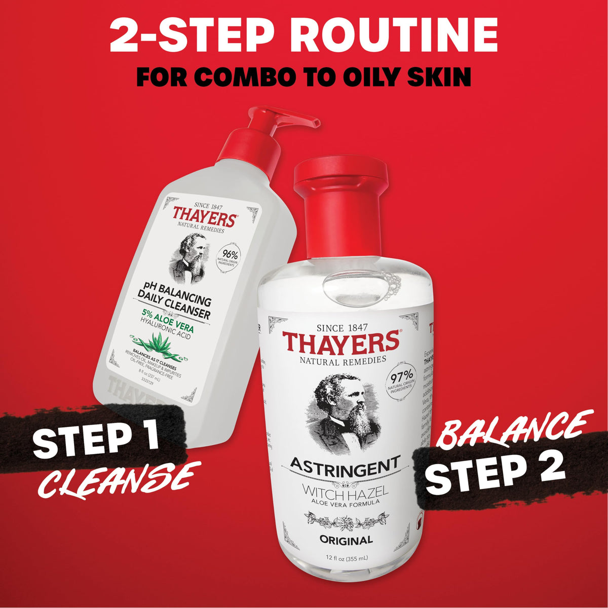 THAYERS bottle beside aloe leaf emphasizing aloe hydration and calm