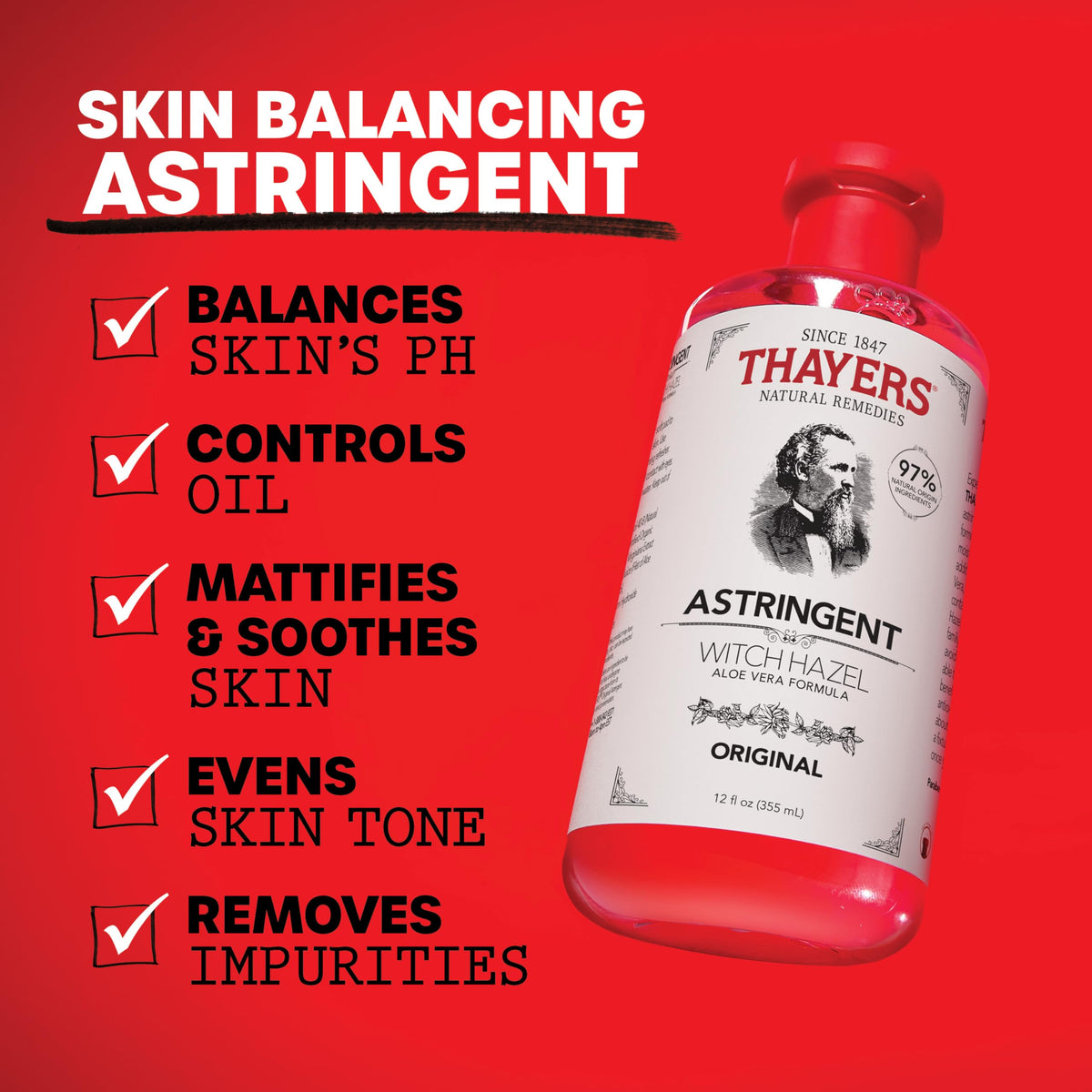 THAYERS label close-up highlighting non-distilled witch hazel and aloe benefits