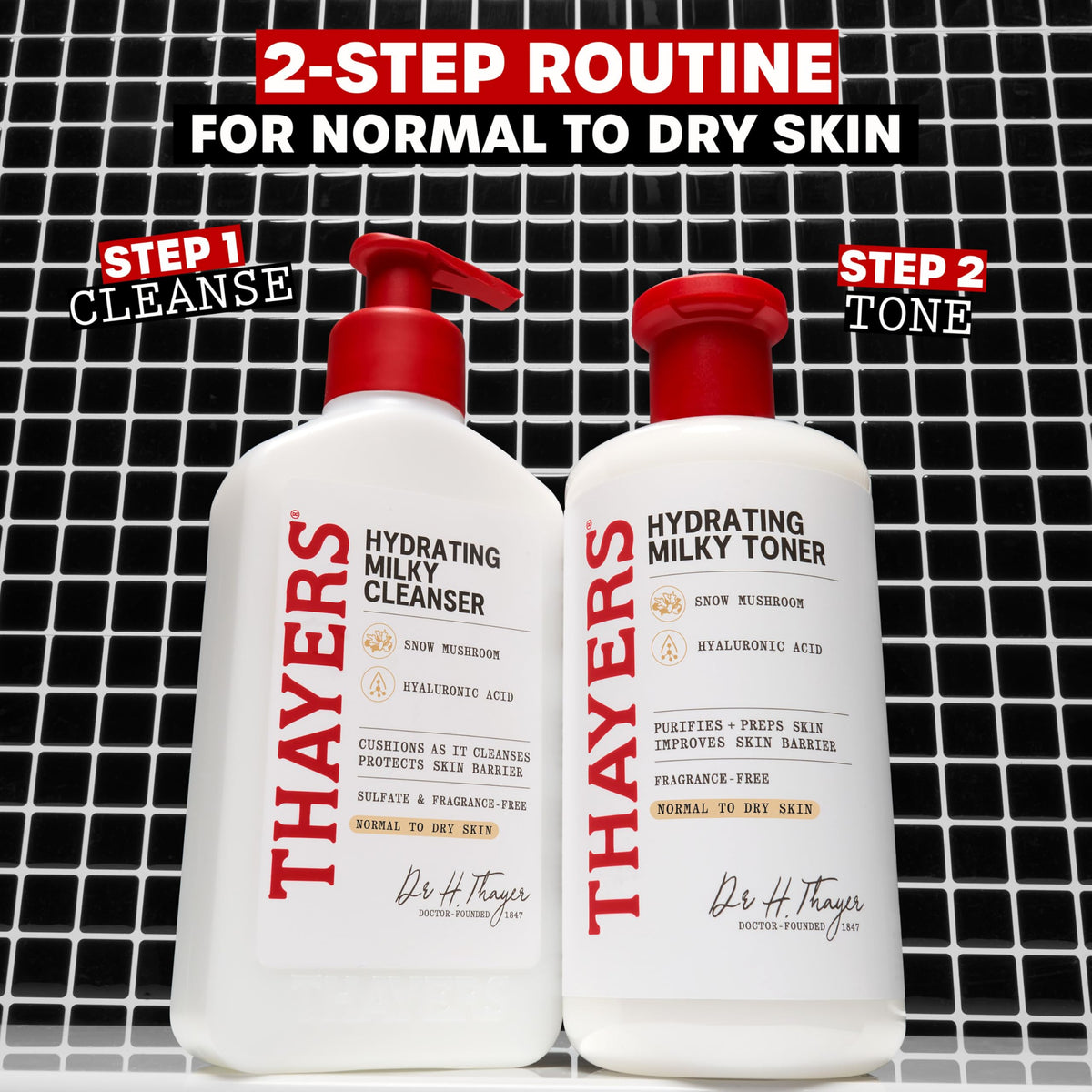 THAYERS cleanser held in hand to show size and easy-pump convenience
