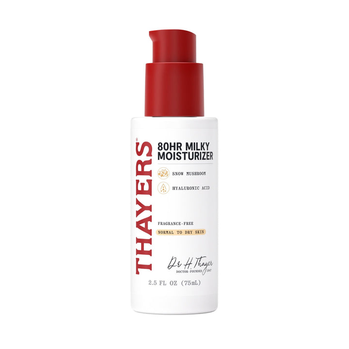 THAYERS bottle front view showing milky moisturizer, clarifies product benefit