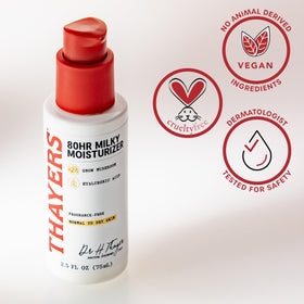 THAYERS label close-up showing ingredients and claims, conveys clean formulation benefit
