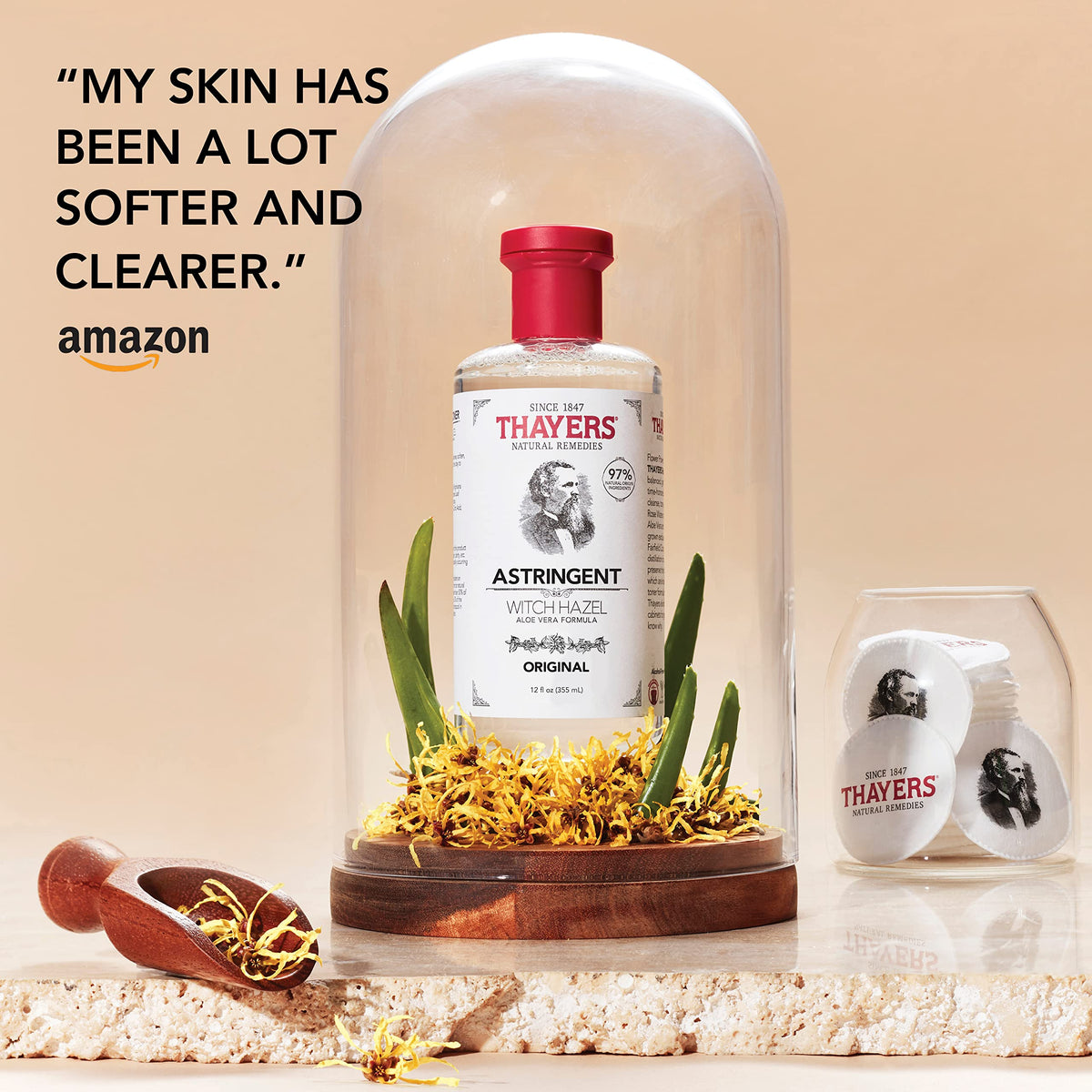 THAYERS ingredients panel and recyclable packaging highlighting transparency