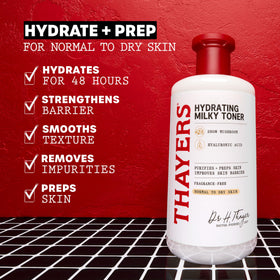 THAYERS pouring toner into hand to show lightweight, hydrating feel