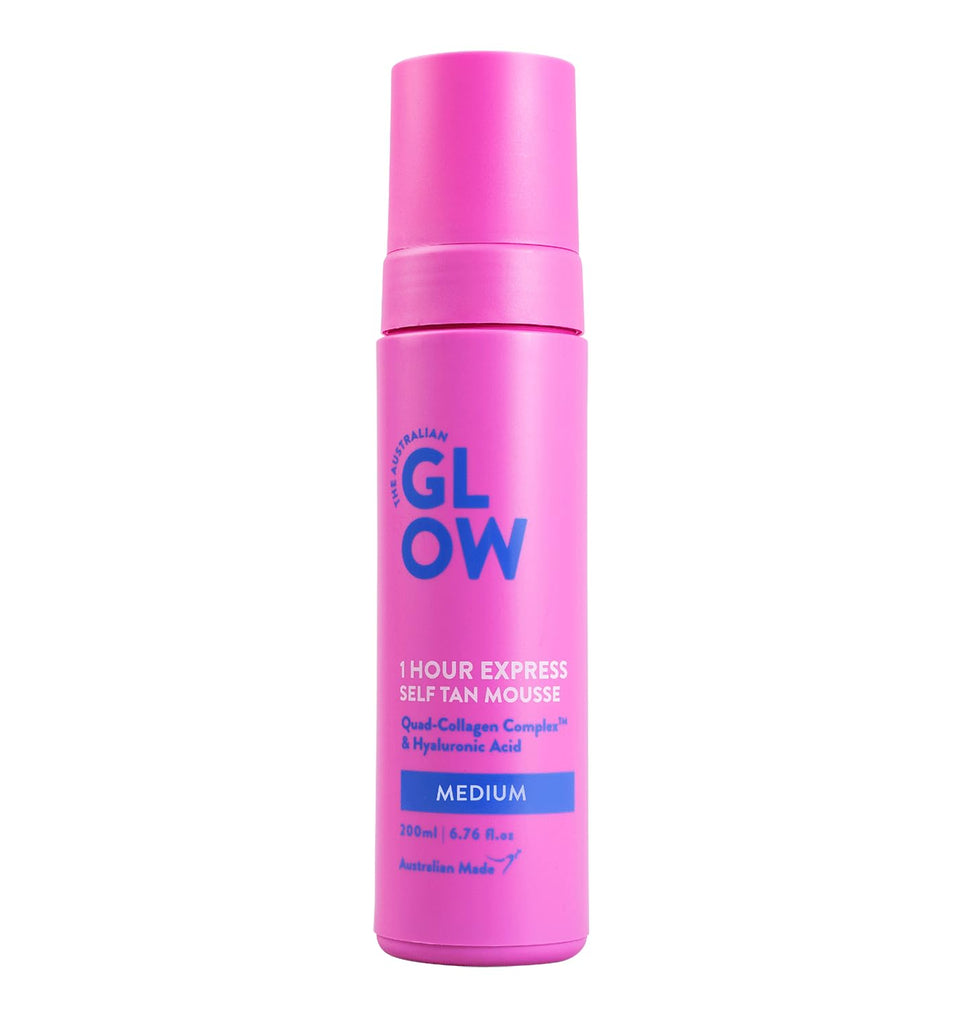 THE AUSTRALIAN GLOW front bottle showing label and medium shade benefits