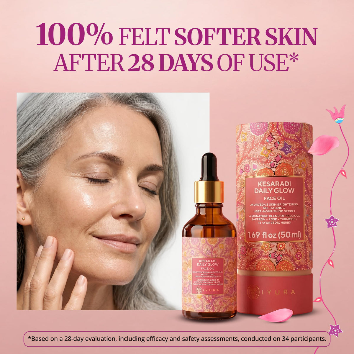 The Ayurveda Experience applying oil to cheek showing calming hydration
