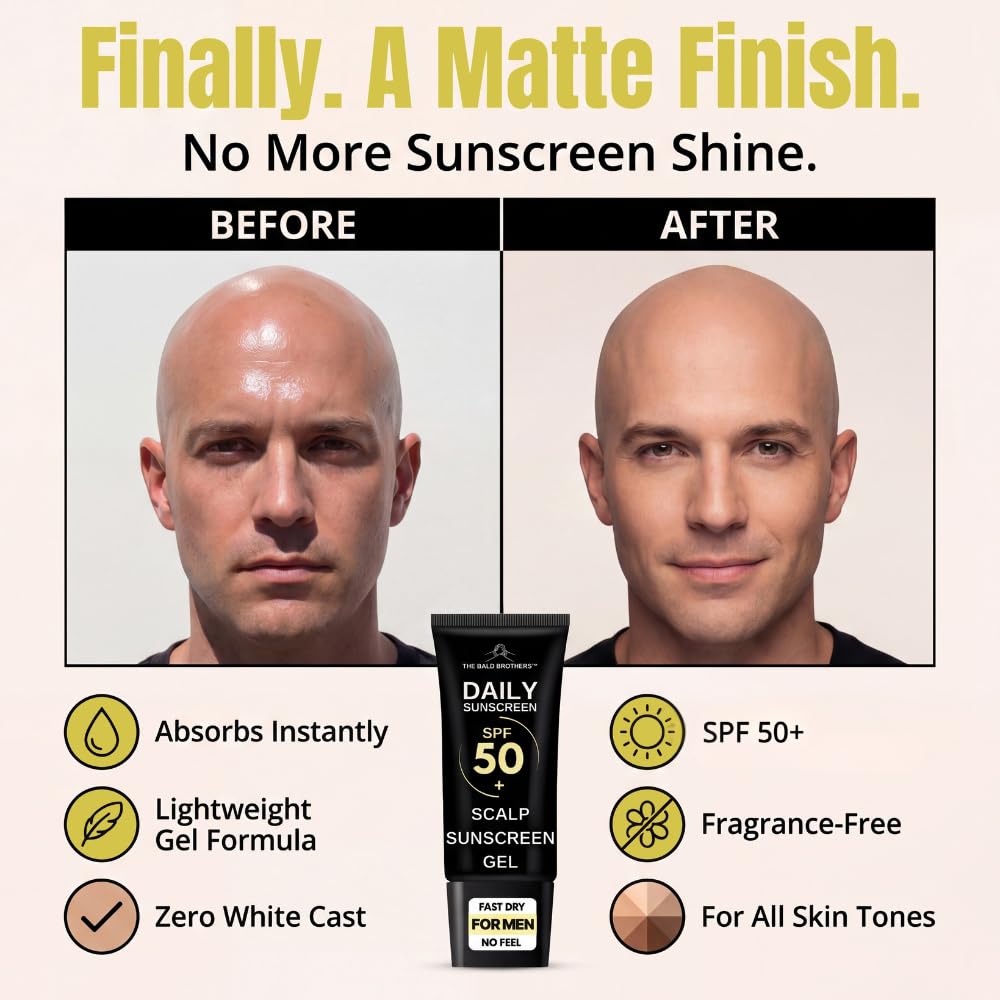 Matte finish close-up of The Bald Brothers sunscreen demonstrating no shine