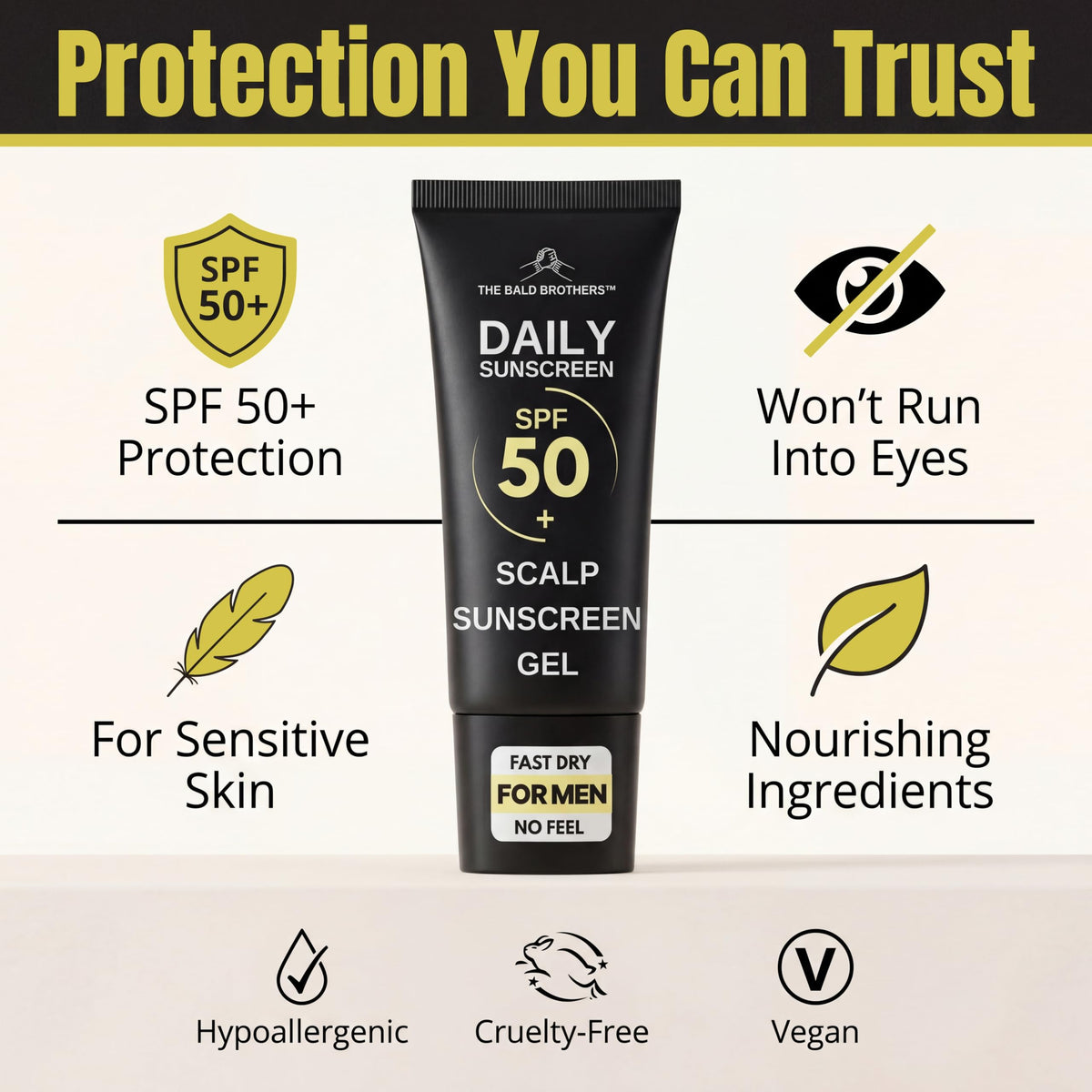 The Bald Brothers tube label details highlighting SPF50+ protection