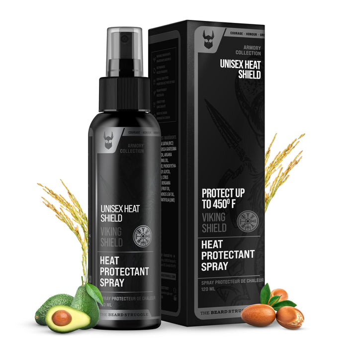 The Beard Struggle Viking Shield front bottle showing sleek packaging and benefits