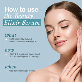 The Beauty Elixir close-up label emphasizing clean ingredients and dermatologist tested