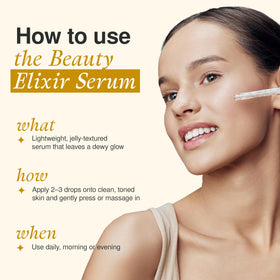 The Beauty Elixir closeup of 24K gold particles boosting luminous skin benefit