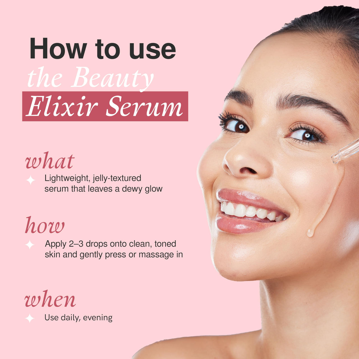 The Beauty Elixir serum texture closeup showing lightweight finish and quick absorption benefit