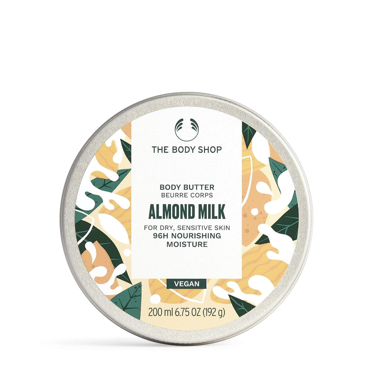 The Body Shop Almond Milk Body Butter tub front view showing packaging and product name for clear identification