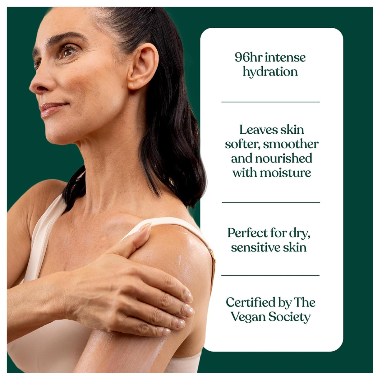 Label close-up of The Body Shop Almond Milk Body Butter displaying ingredient highlights and vegan claim for transparency
