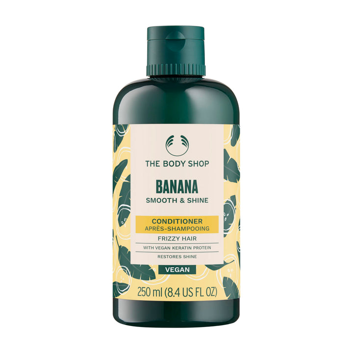 The Body Shop banana conditioner front packaging showing bottle and label benefits