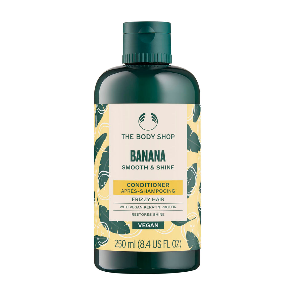 The Body Shop banana conditioner front packaging showing bottle and label benefits