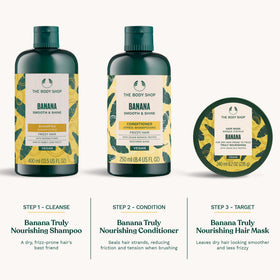 Ingredient label close-up on The Body Shop banana conditioner highlighting natural-origin content