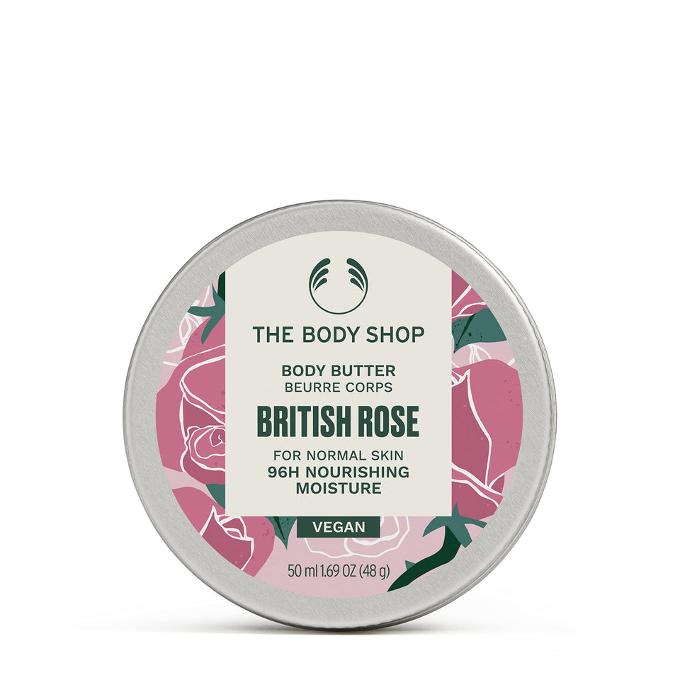 The Body Shop British Rose front tub showing brand and product benefits