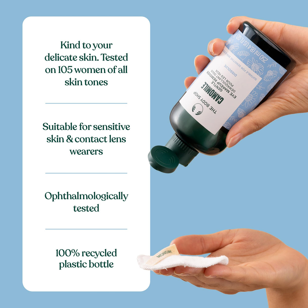 The Body Shop 250 ml bottle beside common toiletries for clear size reference