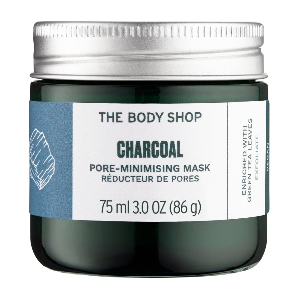 The Body Shop charcoal mask front packaging showing product jar and branding benefit deep cleanse