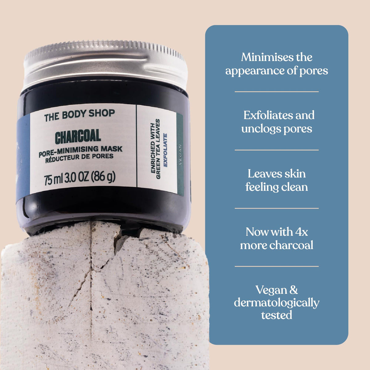 The Body Shop charcoal mask ingredients label focused on bamboo charcoal and tea tree benefit transparency