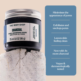 The Body Shop charcoal mask ingredients label focused on bamboo charcoal and tea tree benefit transparency