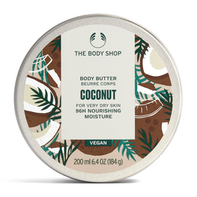 The Body Shop coconut body butter jar front view showing product branding and benefit