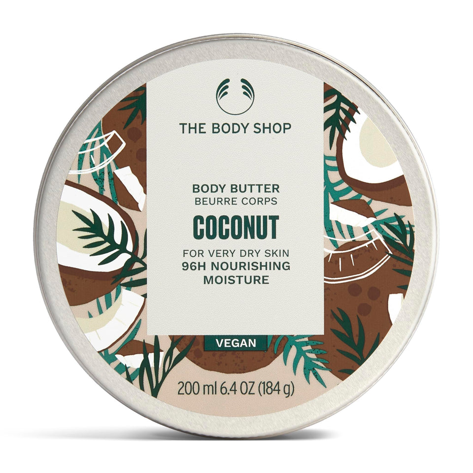 The Body Shop coconut body butter jar front view showing product branding and benefit