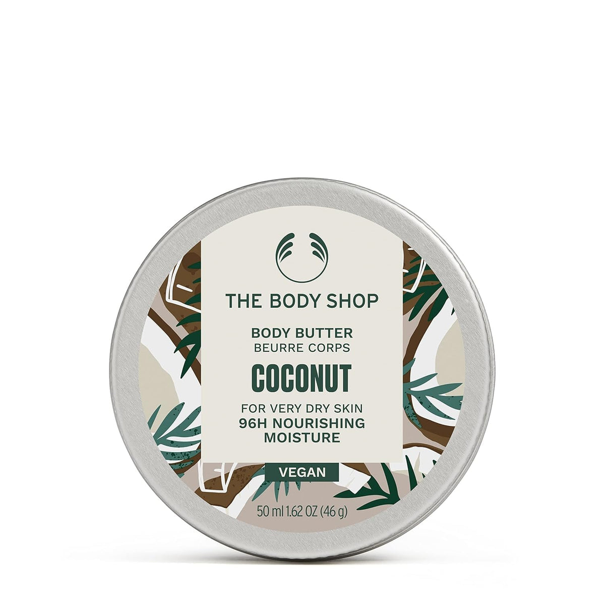 The Body Shop coconut body butter front tub showing label and size, conveys convenient hydration