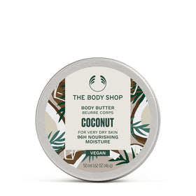 The Body Shop coconut body butter front tub showing label and size, conveys convenient hydration