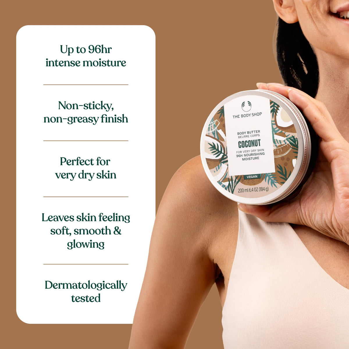Recyclable tub and aluminium lid for The Body Shop coconut body butter showing eco benefit