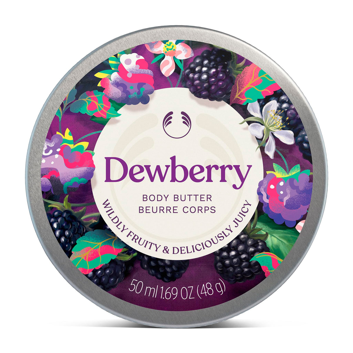 The Body Shop tin front view showing dewberry scent and compact size for travel