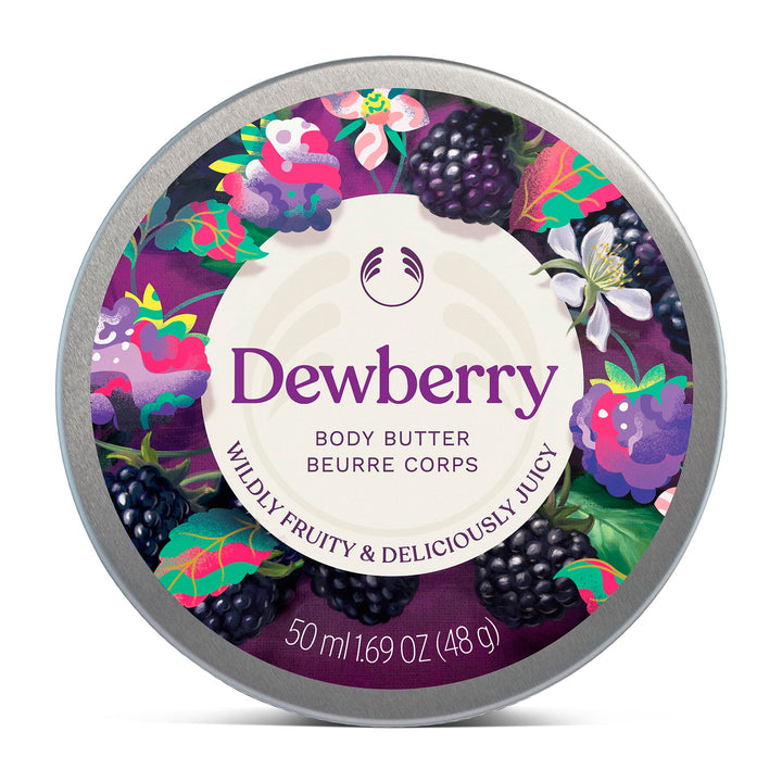 The Body Shop tin front view showing dewberry scent and compact size for travel