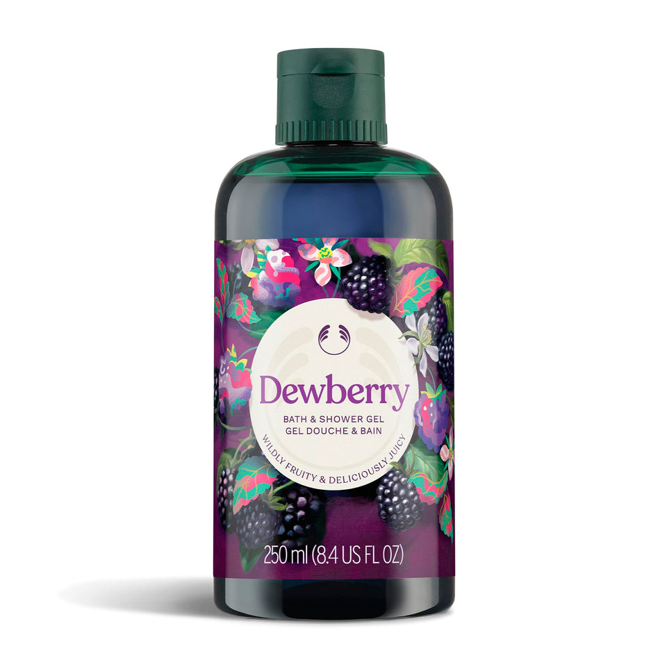 The Body Shop dewberry front bottle showing packaging and bright berry scent benefit