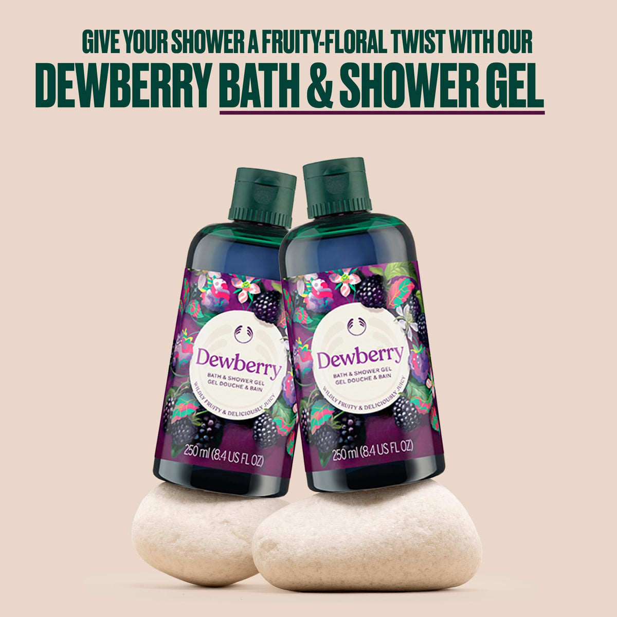 The Body Shop dewberry gel being poured to show smooth texture and easy spread benefit