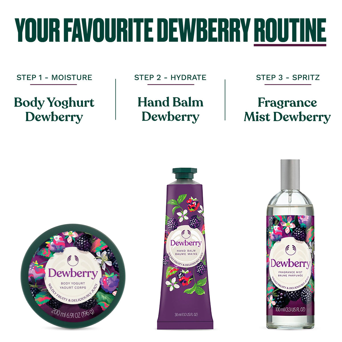 The Body Shop dewberry next to a 250 ml scale prop showing true size benefit