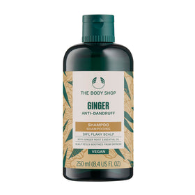 The Body Shop ginger shampoo front view showing 250ml bottle and label benefit