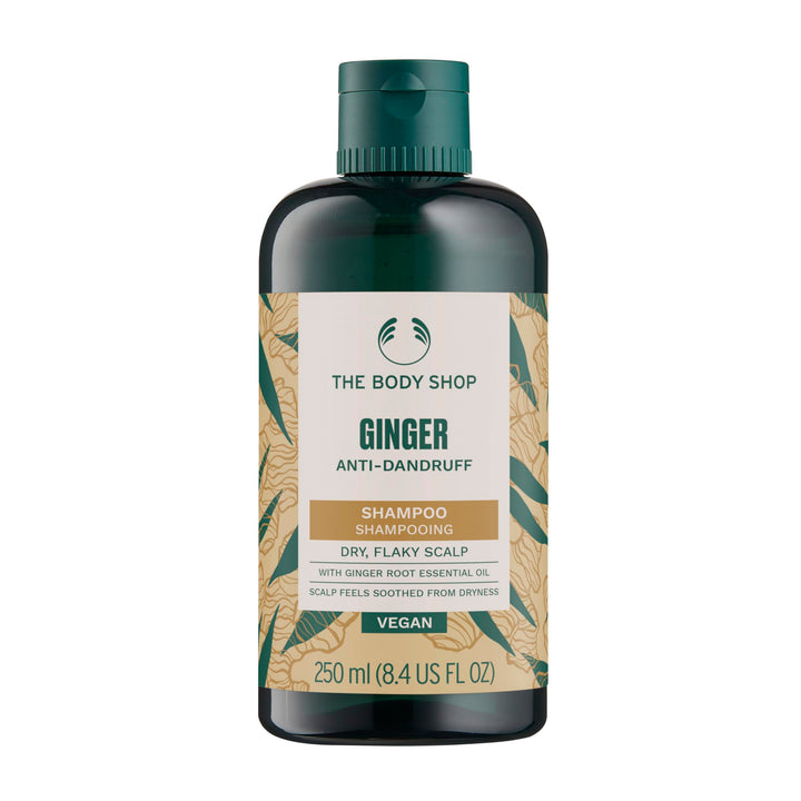 The Body Shop ginger shampoo front view showing 250ml bottle and label benefit